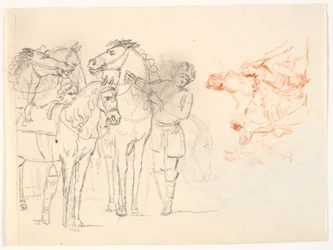 Due schizzi. A sinistra uno schizzo a matita con cavalli e due uomini. A destra uno schizzo a gesso rosso con un gruppo di figure