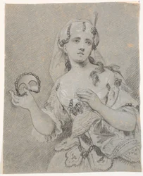 Giovane dama in costume turco con mezza maschera in mano