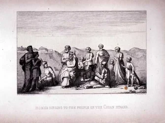 Omero che Canta al Popolo sulla Spiaggia di Chio, inciso da B.Barloccini, 1849