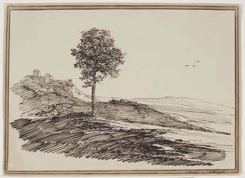Paesaggio montano con alberi, case sullo sfondo