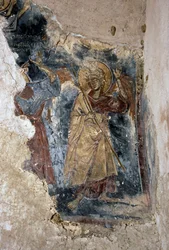 Angelo e santo, dettaglio di un affresco nella chiesa di Agios Georgios Apodoulou, Apodoulou, Creta, Grecia (foto)