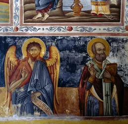 Arcangelo e santo, volta affrescata nel monastero di Mikro Sotiris, isola di Symi, Grecia (foto)