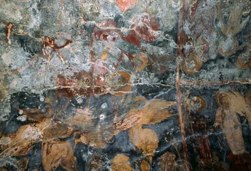 Affresco danneggiato nella chiesa di Metamorphosis Sotiros, Voutas, Creta, Grecia (foto)