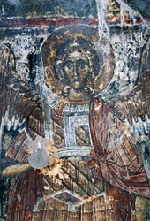 Cavallo, affresco danneggiato sul soffitto della chiesa di Agios Vasileios, Vavouledo, Creta, Grecia (foto)
