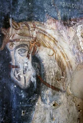 Cavallo, dettaglio di un affresco nella chiesa di Agios Georgios, Vathiako, Creta, Grecia (foto)
