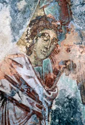 Figura maschile, affresco danneggiato sul soffitto della chiesa di Agios Vasileios, Vavouledo, Creta, Grecia (foto)