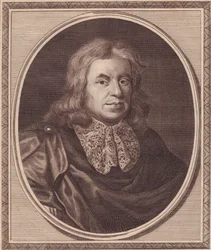 Ritratto del medico inglese Thomas Sydenham, incisione in rame di John Goldar da un dipinto di P Lely