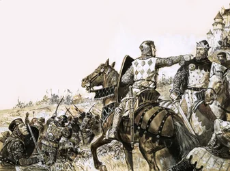 Scena di battaglia non identificata con soldato che indica il Re