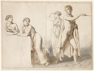 Quattro figure di studio, tre femminili e una maschile in abiti antichi