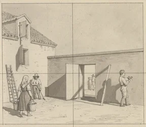 Prospettiva lineare, applicata alla pittura - bozza per illustrazione non utilizzata - Cortile danese con quattro contadini e artigiani