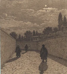 Chiaro di luna su una strada con tre figure. Illustrazione per "Linearperspectiven", Tavola IV