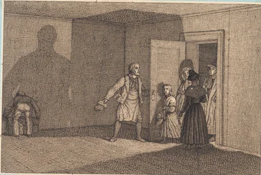Viaggiatori mostrano la loro stanza. Illustrazione per "Linearperspectiven", Tavola VIII