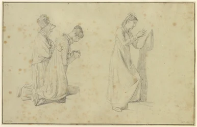 Studio di una figura femminile in piedi e due inginocchiate