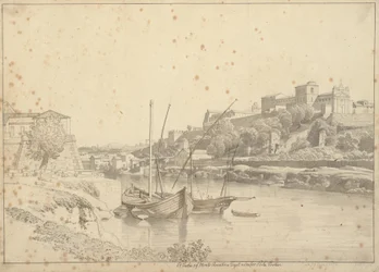 Vista sul Tevere presso Porto di Ripa Grande fuori Porta Portese verso Marmorata e le chiese sul Monte Aventino, Roma