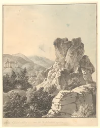 Veduta da Harzen, dalla Teufelsmauer, il castello di Blankenburg sullo sfondo