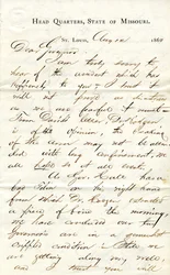 Lettera firmata C.C. Bailey, Quartier Generale, Stato del Missouri, St. Louis, al Governatore [Hamilton R. Gamble], 12 agosto 1863