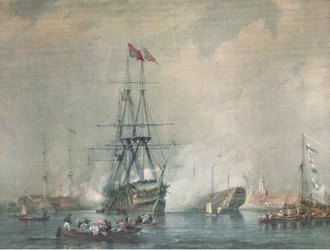 HMS Victory che spara un saluto reale al porto di Portsmouth, da British Adventure pubblicato da Collins, 1947