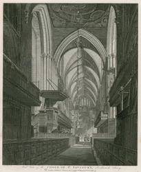 Vista occidentale del coro della chiesa di St Saviour, Southwark, Surrey