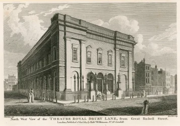 Vista occidentale del Teatro Reale, Drury Lane, Londra, da Great Russell Street