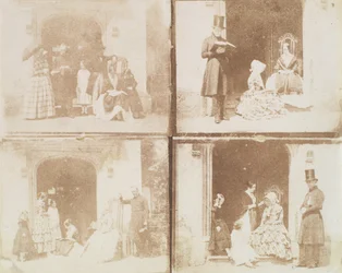 Foglio di contatto di quattro ritratti di gruppo in una porta, ca. 1850