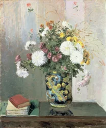 Bouquet di fiori, crisantemi in un vaso cinese