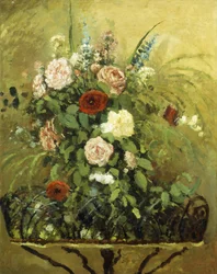 Bouquet di fiori con un giardiniere in legno rustico, c.1876