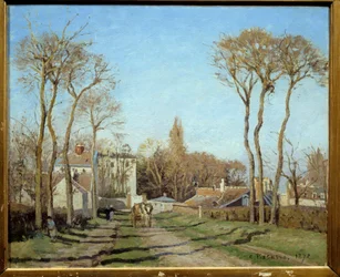 Ingresso del villaggio di Voisins-le-Bretonneux. Dipinto di Camille Pissarro (1830-1903), 1872. Sole. 0,46 x 0,55 m, Parigi, Musée d