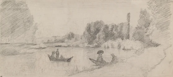 Studio di un paesaggio fluviale con barche, 1863-1864
