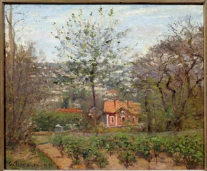 Il cottage, la casa rosa; il borgo volante del cuore. Dipinto di Camille Pissarro