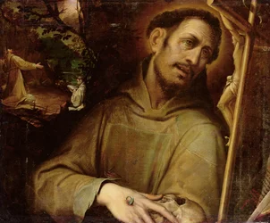 San Francesco adora la croce con la stigmatizzazione di San Francesco oltre
