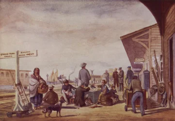 Immigrati alla stazione ferroviaria, Toronto (litografia a colori)