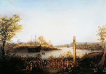 Jacques Cartier che erige una croce a Stadacona dove ora sorge la città di Quebec