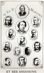 Louis Riel (1844-85) e i suoi assassini, illustrazione da Le Gibet de Regina, pubblicata nel 1886