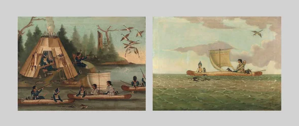 Campo indiano Mi’qmak su una baia con Mi’qmaks che sparano alle oche del Canada; e Mi’qmak che cacciano oche del Canada, inizio XIX secolo