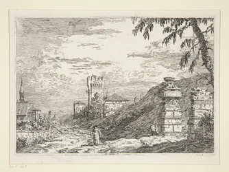 Paesaggio con torre e due colonne rovinate, dalla serie Vedute