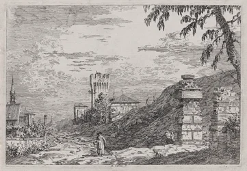 Paesaggio con torre e due colonne rovinate, dalla serie Vedute
