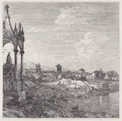 Veduta di una città con un vescovo