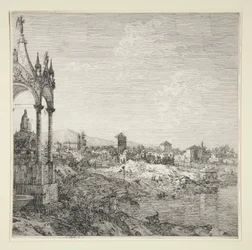 Veduta di una città con un vescovo