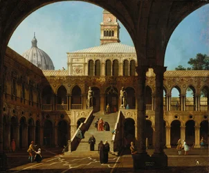 Canaletto - Capriccio Veduta del cortile di Palazzo Ducale con la Scala dei Giganti Firmato e datato 1744