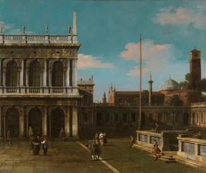 Canaletto - Capriccio Veduta della Piazzetta con la Libreria Firmato e datato 1744