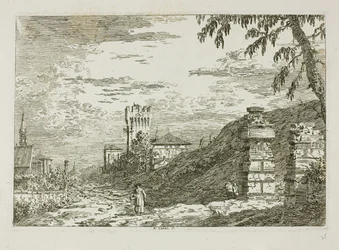 Paesaggio con torre e due colonne rovinate, da Vedute