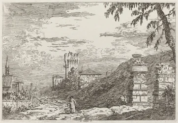 Paesaggio con torre e due colonne rovinate (sinistra)