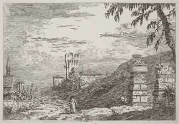 Paesaggio con torre e due colonne in rovina [a sinistra]