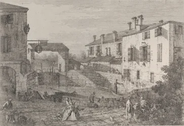 Le porte del Dolo: il bacino ovale delle chiuse a Dolo, con una chiatta ormeggiata alla banchina..., 1735-46.