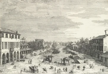 Vista di Mestre, una locanda a sinistra e altri vari edifici lungo il canale, da 