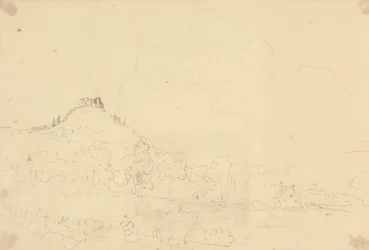 Schizzo di un castello sulla collina con case sotto