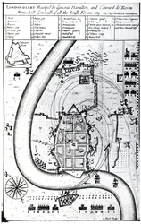 Londonderry assediata dal generale Hamilton e Conrad de Rosen, inciso da J. Sturt, 1689