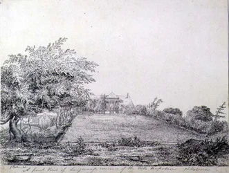 Vista frontale della residenza di Longwood di Napoleone I nel tardo pomeriggio, Sant