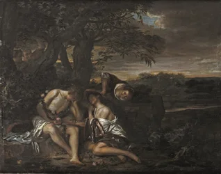 Una coppia dormiente, scoperta da tre donne in un paesaggio arcadico