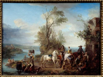 Caccia. Lavandaie e nuotatori sulle rive di un fiume. Dipinto di Carel van Falens (1683-1733) 1726